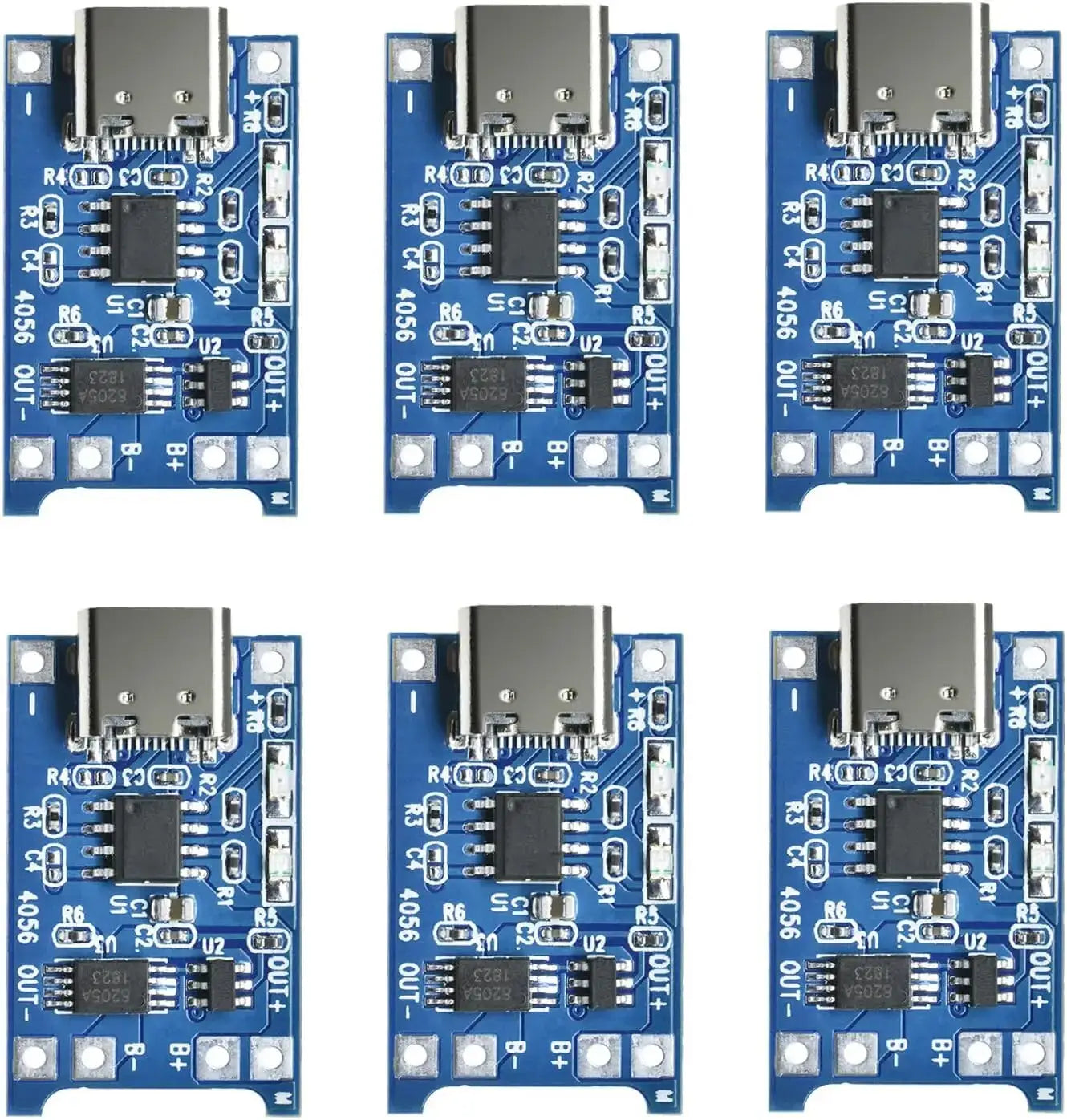 six identical blue tp4056 18650 lithium battery charging board modules each featuring a silver usb type-c port and labeled circuit component designations.