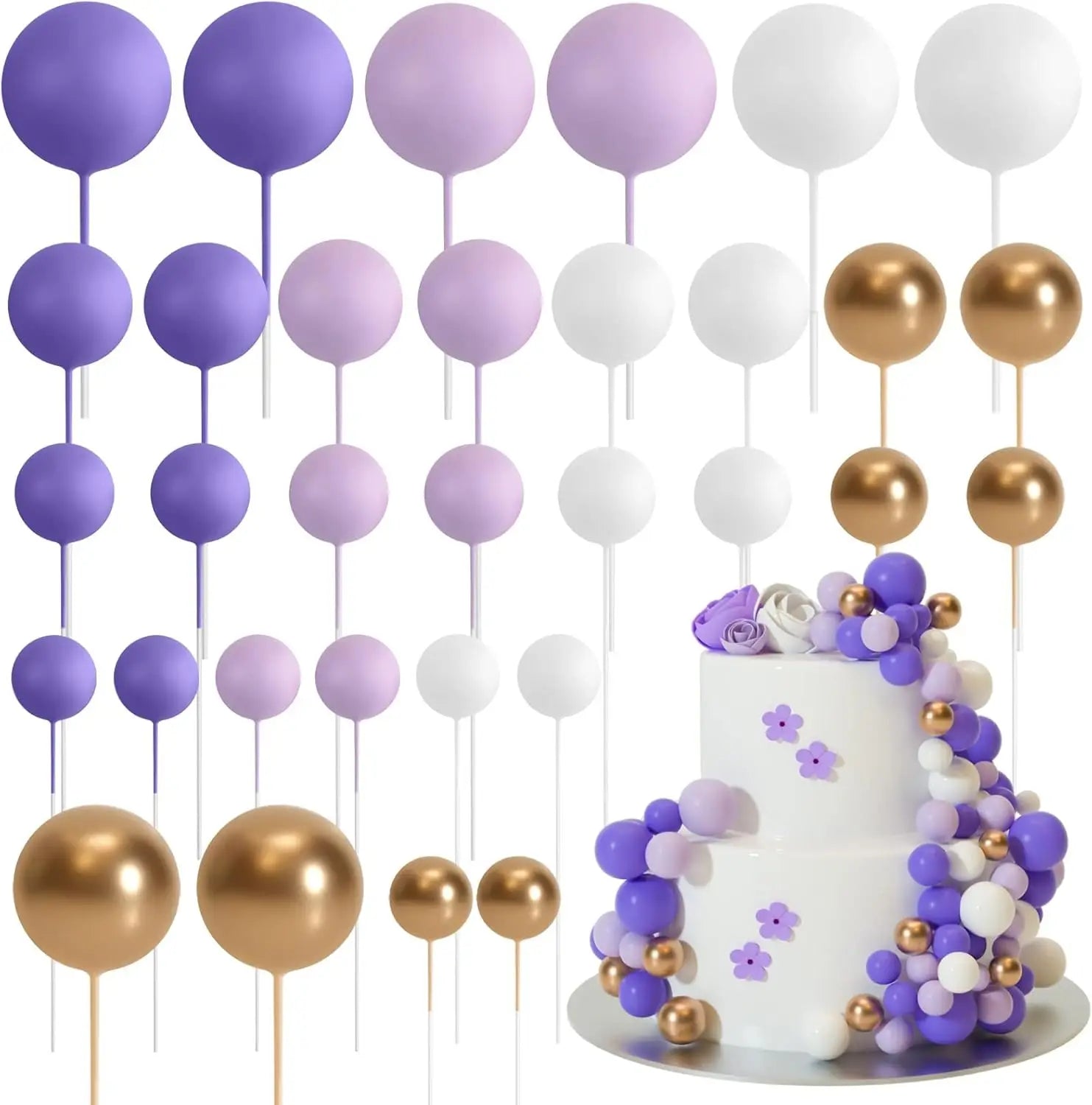 garnitures de gâteau en ballon en mousse pourpre, blanc et or avec tiges à utiliser pour la décoration d’une fête d’anniversaire, de mariage, d’anniversaire et pour la décoration intérieure