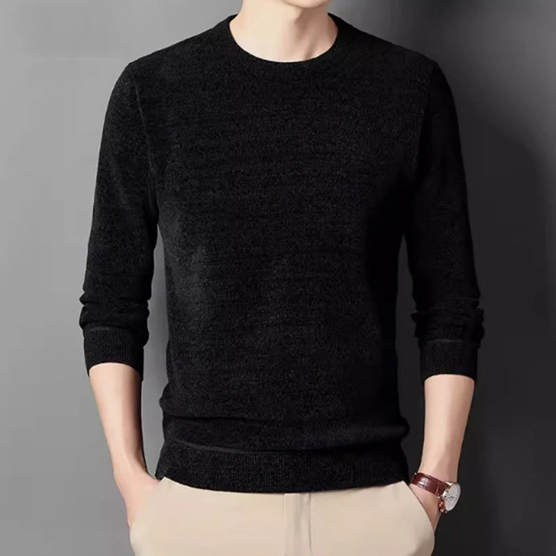 Black long-sleeved crewneck men winter thermal knit sweater with soft plush knit texture.