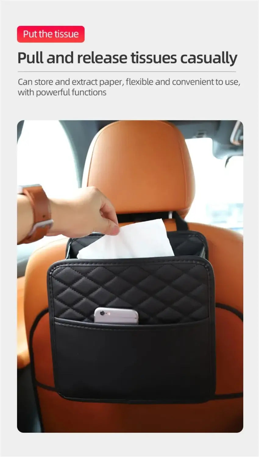 Black quilted car seat organizer storage bag made of durable fabric featuring a front pocket holding a smartphone.