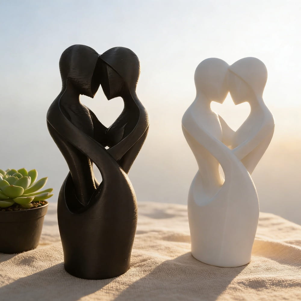Two abstract love-themed intertwined lovers heart sculptures in modern decor style featuring glossy black and matte white finishes with figures forming heart shapes.