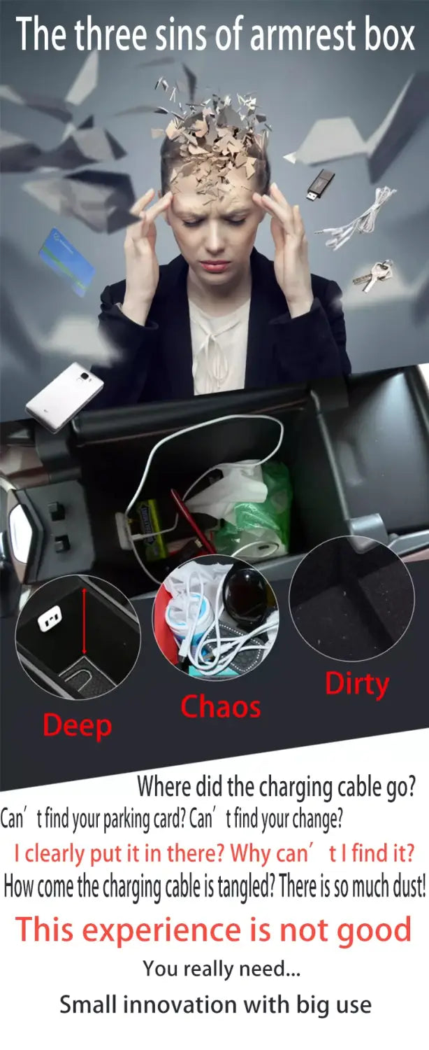Un organizador para consola central Aion Y Plus que muestra las tres faltas del compartimento del reposabrazos, con espacio desordenado, cables enredados y superficies sucias, para mejorar la organización del interior del automóvil.