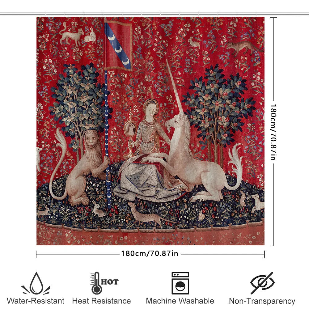 Red Floral Curtain with Medieval Tapestry Design for Bathroom Decor – Luxury Unicorn Bath Rug Shower Curtain Waterproof Home Dec