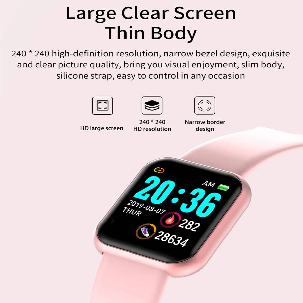 y68 fitness smart watch with a pink silicone strap, large clear color screen, and slim body designed for mobile phone wireless connectivity and requires download app firstly for full functionality.