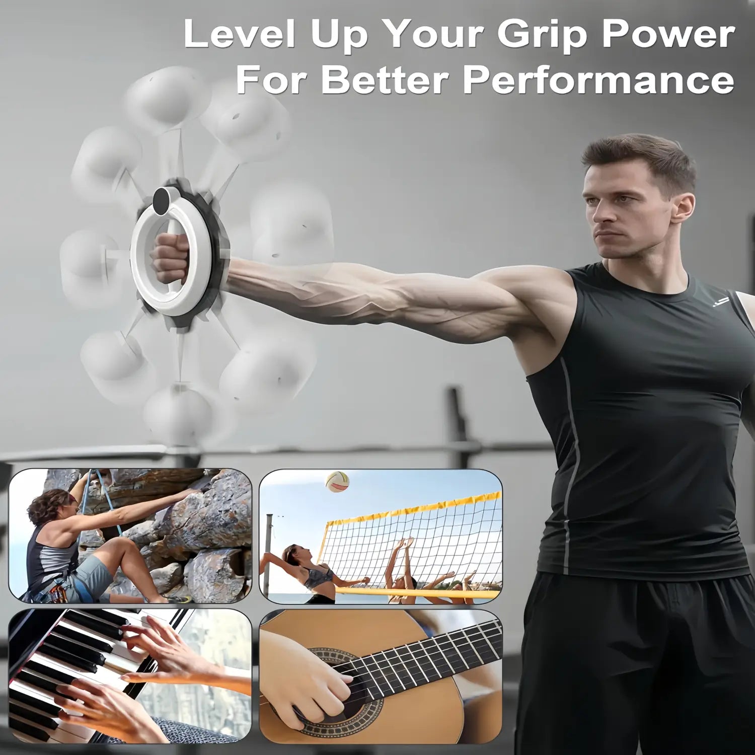 Rotary handheld arm fitness machine in black and white features a circular handle with multiple suction cups for enhanced grip strength training.