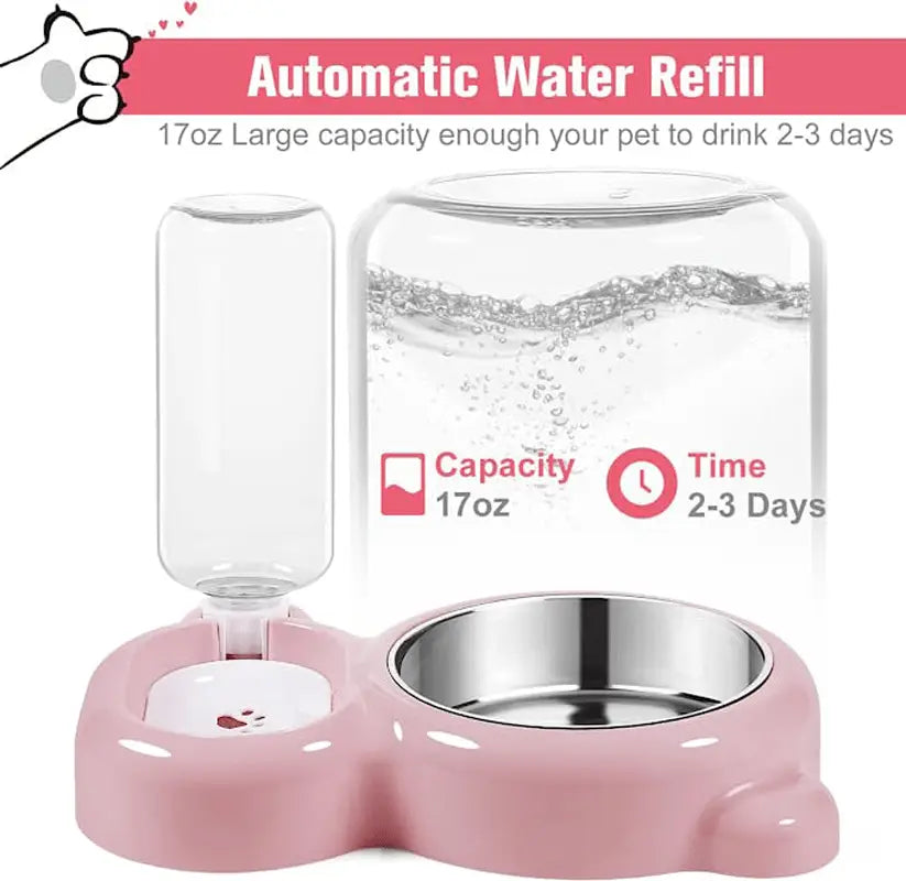 Juego de comedero y bebedero para mascotas de plástico rosa, con un cuenco de agua de acero inoxidable y un depósito de recarga de vidrio transparente para una hidratación cómoda de las mascotas.