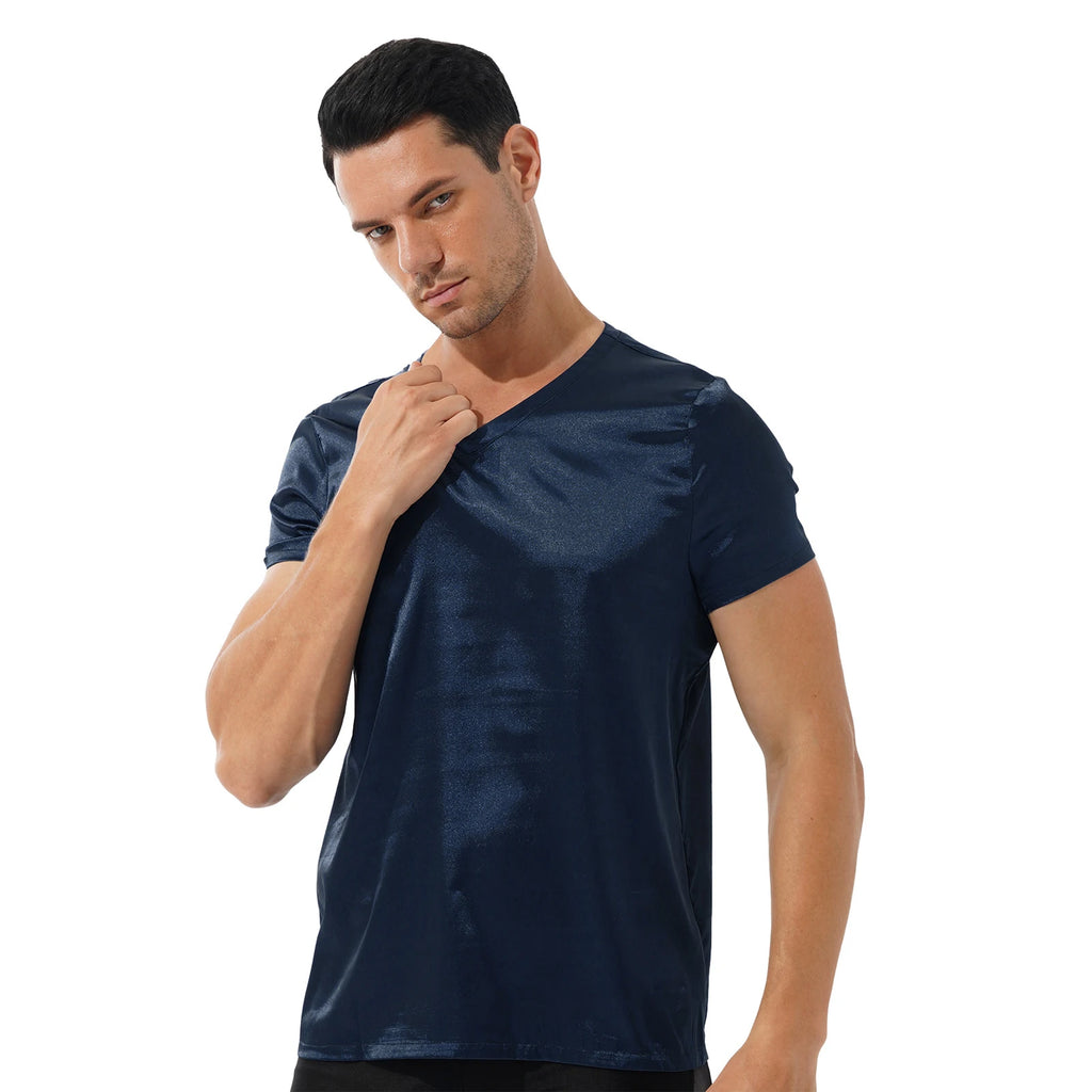 Men Male V Neck Short Sleeve Satin Casual T-Shirt Loose Pajamas Tops Tees Solid Color T Shirt Loungewear Sleepwear Nightwear