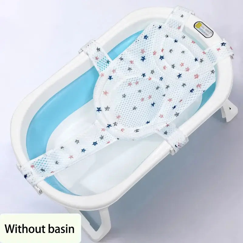 weißes Sternmuster-Netz-Sicherheitsgeschirr für eine faltbare Babybadewanne, ausgelegt als verstellbares Neugeborenen-Unterstützungskissen.