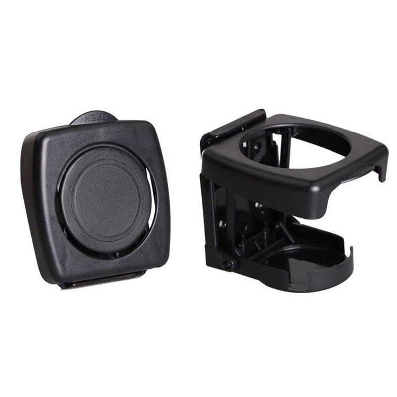 Portavasos de plástico negro con pinza ajustable y base circular para organizador de asiento de coche y portavasos.