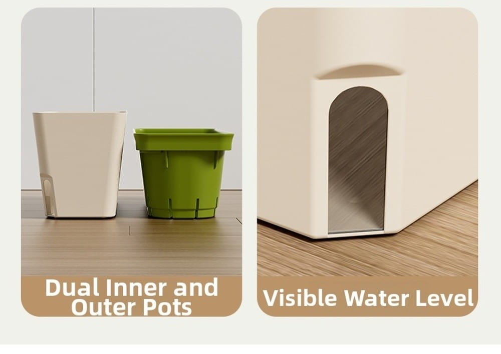 Jardinière auto-arrosante beige et verte à double couche pour plantes d’intérieur, avec fenêtre de niveau d’eau visible.