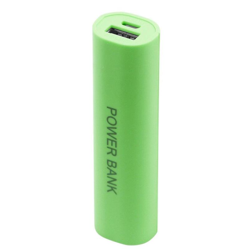 a lime green cylindrical portable 18650 power bank case diy shell charger with a usb port and the words power bank printed vertically on its side