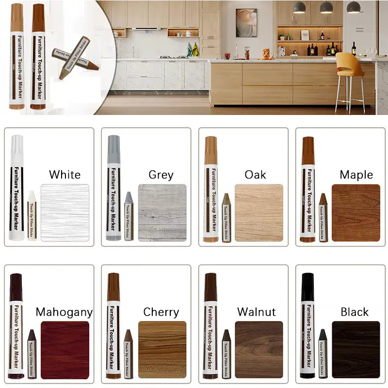 Kit de stylos de retouche de peinture pour réparation de meubles en bois, comprenant des marqueurs de retouche en blanc, gris, chêne clair, érable, acajou, cerisier, noyer et noir, pour une restauration efficace des rayures et la réparation des meubles.