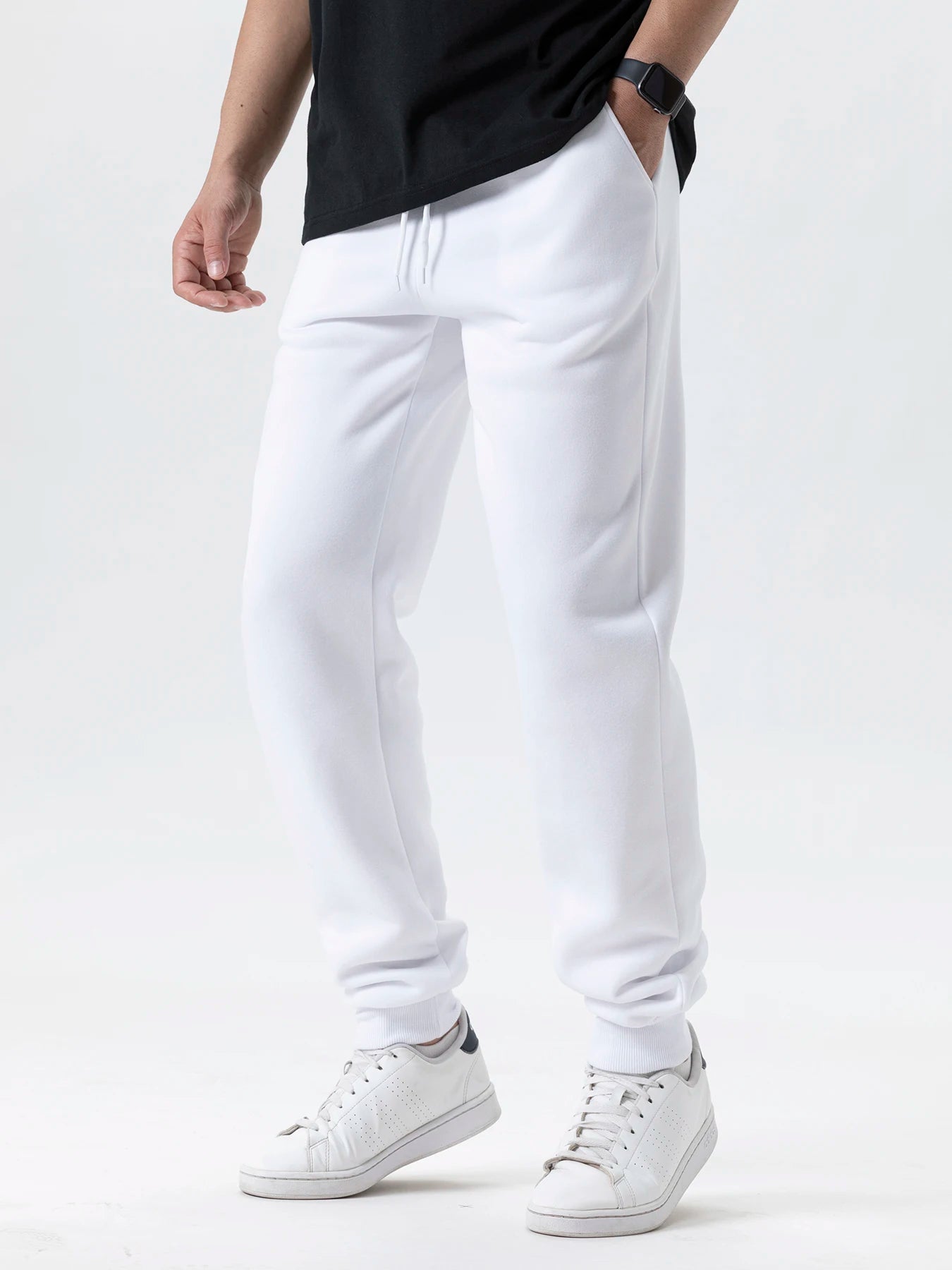 Joggers de forro polar de algodón blanco para hombre con cintura ajustable con cordón y puños cónicos, ideales para el uso casual