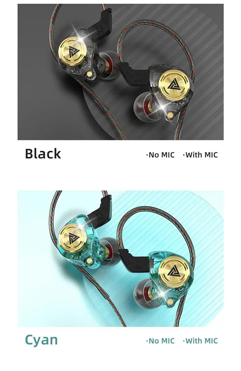 Casque d’écoute intra-auriculaire filaire Qkz AK3 noir et cyan, avec transducteurs circulaires plaqués or, boîtiers transparents révélant des composants internes et câbles tressés.