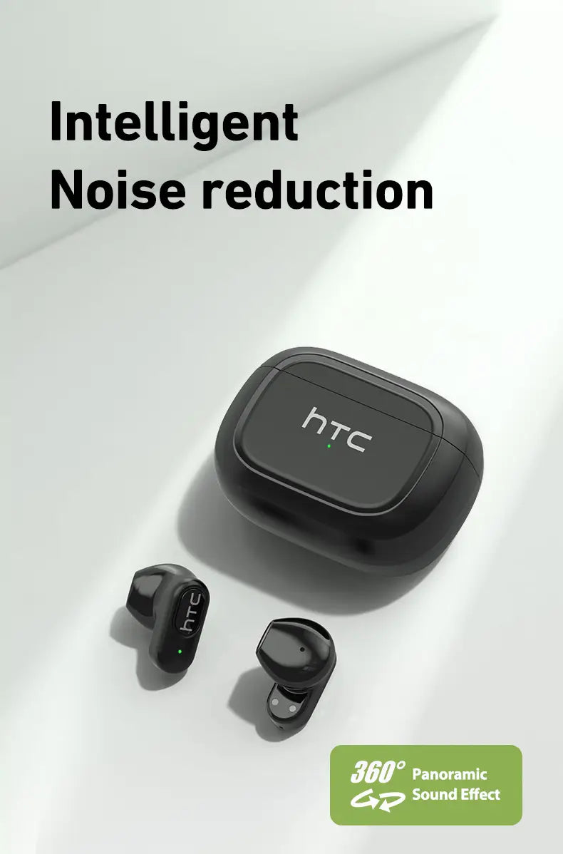 écouteurs sans fil Bluetooth htc ne51 noirs avec étui de chargement assorti présentant une finition mate élégante et un design minimaliste en version Bluetooth tws vert et noir.
