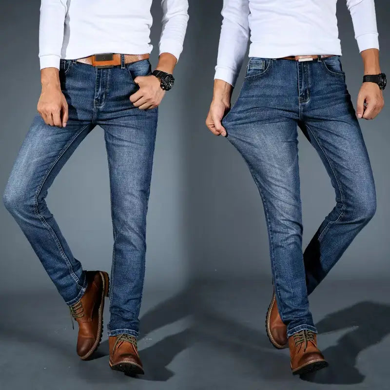 Blue slim fit men’s stretch denim jeans with classic stitching suitable for casual wear.
