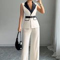 Women's Office Lady Ensemble Outfit Autumn Sleeveless Straight Leg Pants Set Classy Bandeau Elegant Style Top And Vest 2 Set