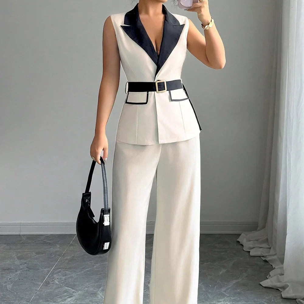 Women's Office Lady Ensemble Outfit Autumn Sleeveless Straight Leg Pants Set Classy Bandeau Elegant Style Top And Vest 2 Set