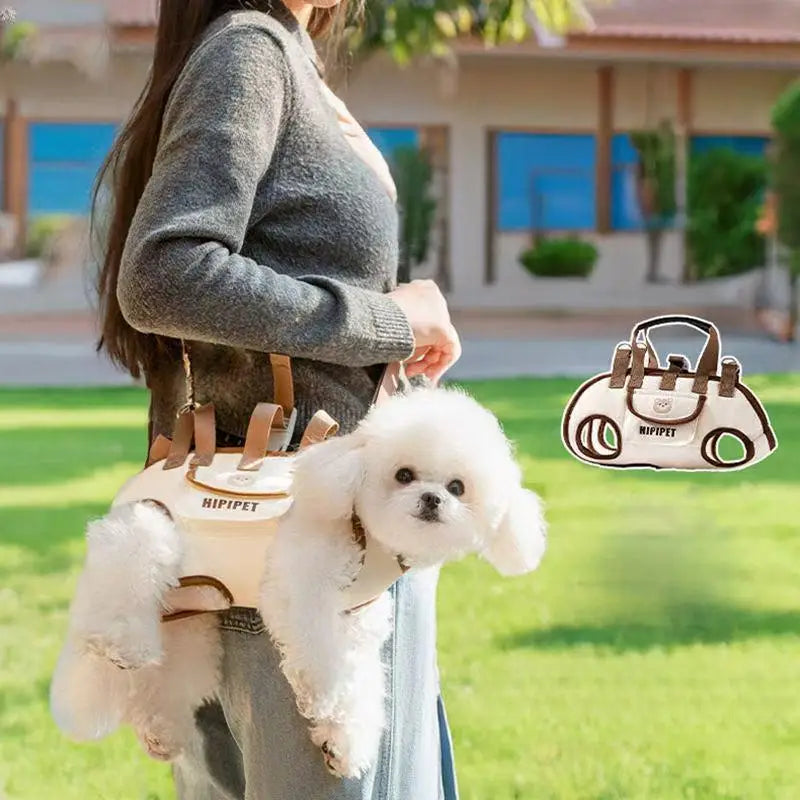 Cream-colored oxford cloth small dog carrier backpack with brown leather-like straps and handles designed for durability and comfort.