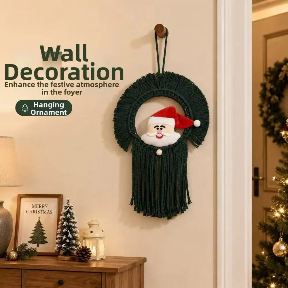 A festive dark green macrame Christmas wall hanging tapestry featuring Santa Claus with a red hat, white beard, and tassels for cozy holiday decor.