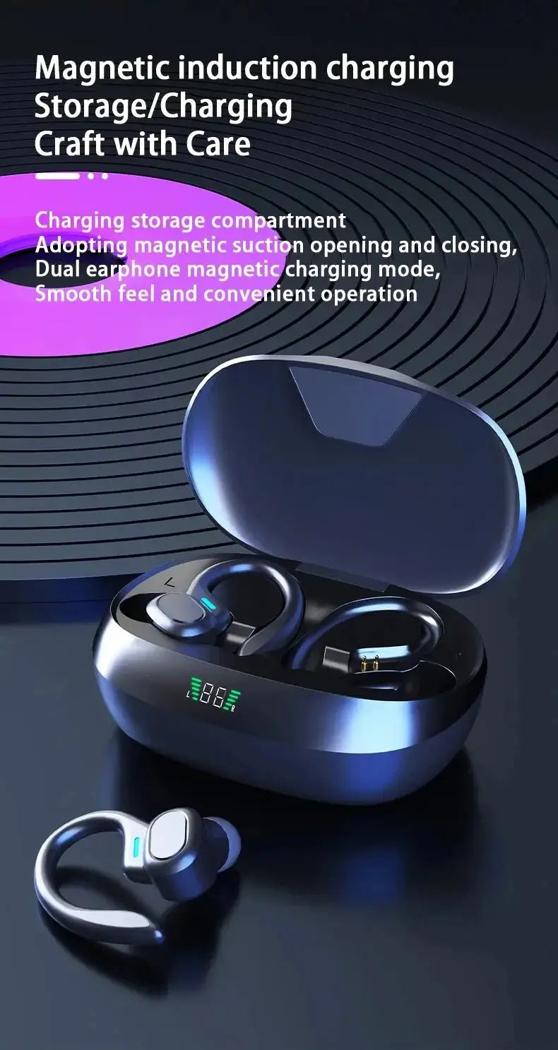Silver wireless sport ear hook earbuds with a sleek ergonomic design and a magnetic charging case featuring an led display for waterproof Bluetooth use.