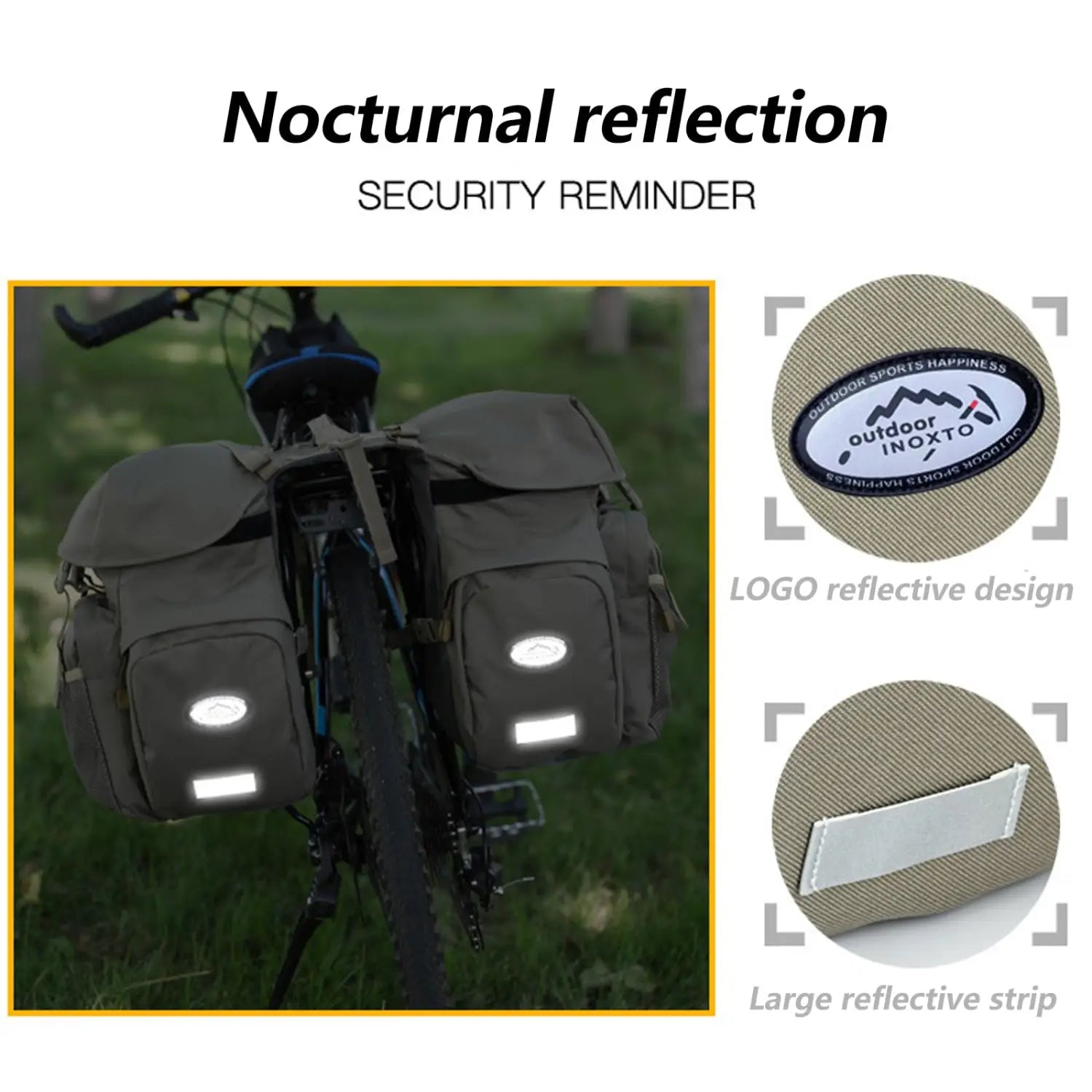 Dunkelgraue strapazierfähige Stoff-Ztz 50l wasserfeste Doppelfahrradtasche mit reflektierenden Streifen und Marken-Logo-Patch.