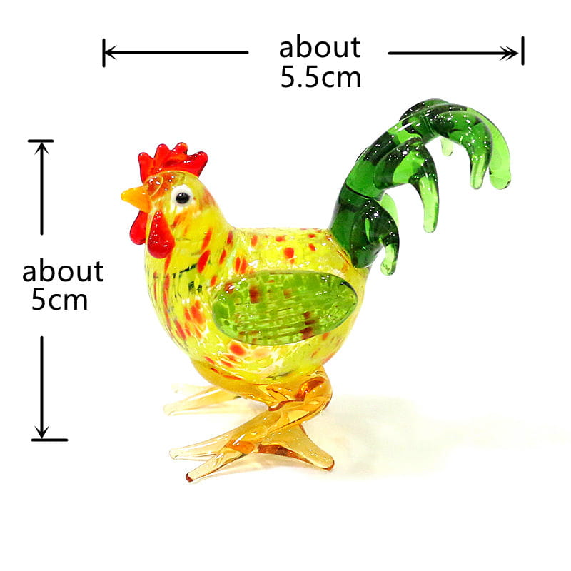 Vibrant yellow glass rooster miniature figurine with red comb and wattle green tail feathers and orange legs designed as an Easter ornament.