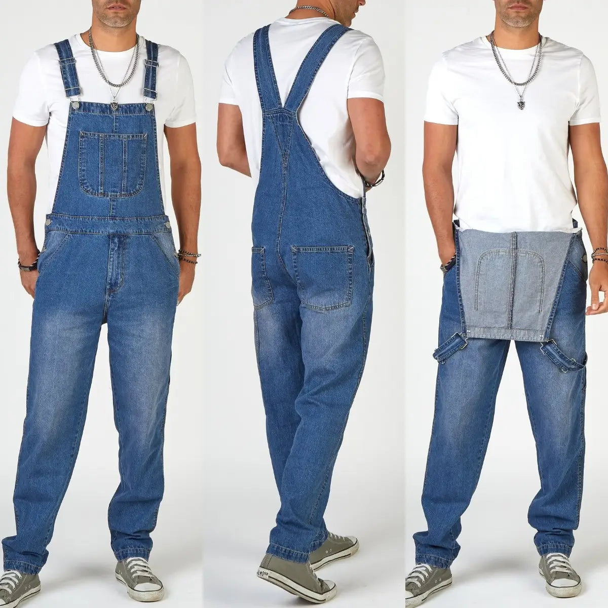 Herren-Jeanslatzhose mit geradem Bein und schlichter Jumpsuit-Passform in blauem Denim mit verstellbaren Trägern und mehreren Taschen.