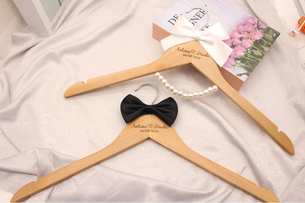 Personalised Wedding Hanger Custom Wedding Dress Hanger Bridal Hanger Engraved Names and Date Wooden Hanger Bridal Shower Gifts