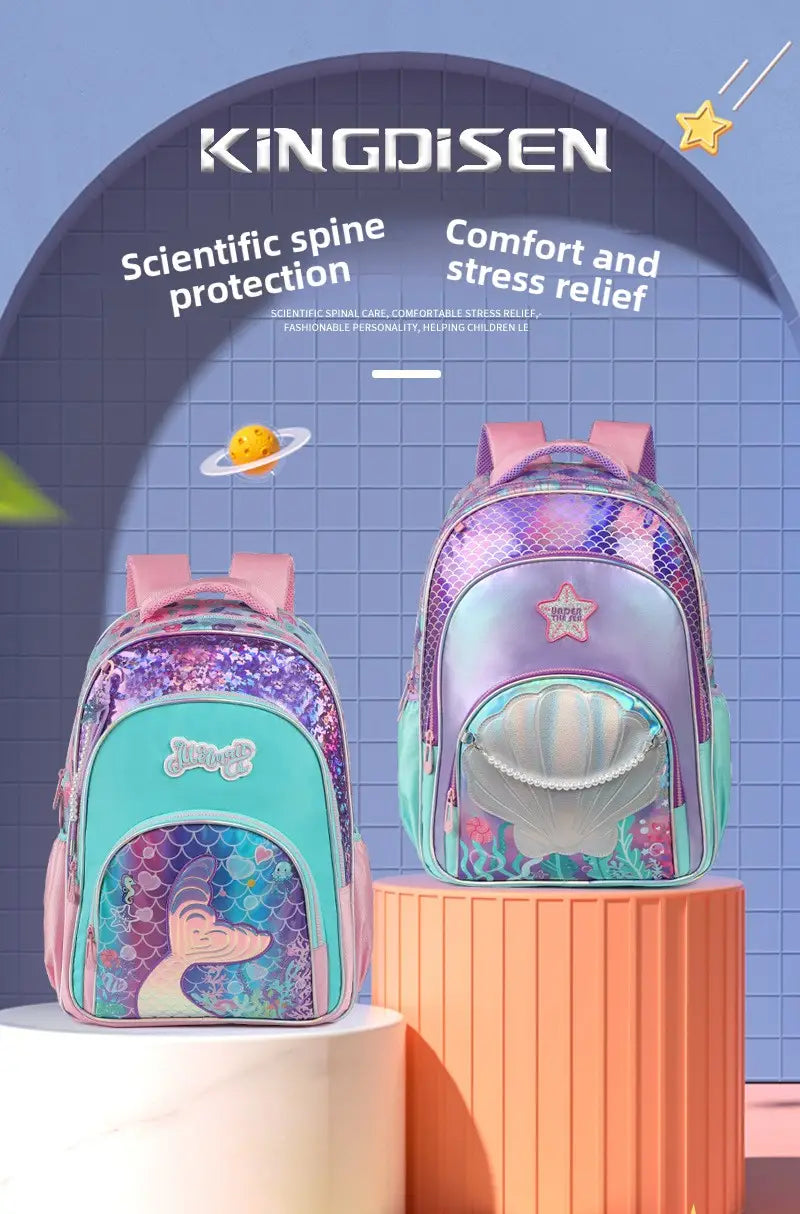 Mädchen-Schmetterlings-Rucksack-Set für die Schule mit Meerjungfrauen-Motiv-Rucksäcken, schimmernden Schuppen, sanften Pastellfarben und einer glänzenden holografischen Oberfläche.