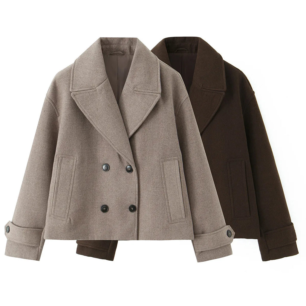 Women's Wool Blend Short Coat, Khaki/Dark Coffee Brown Lapel Collar Double-breasted Warm Wool Blend Short Coat For Winter 2025