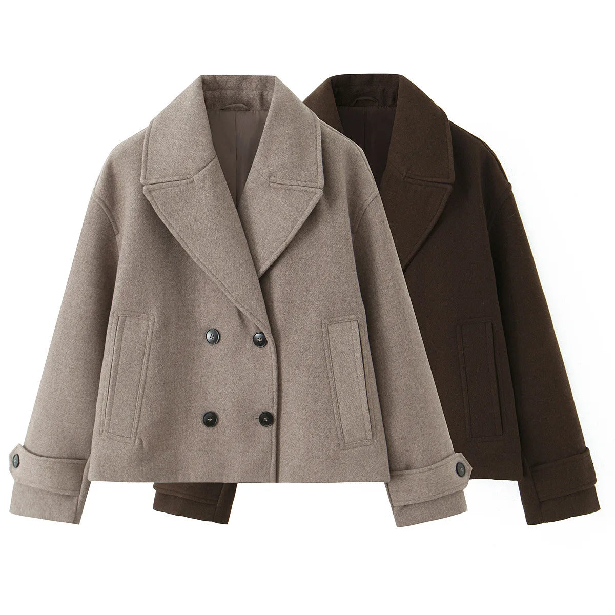 Women's Wool Blend Short Coat, Khaki/Dark Coffee Brown Lapel Collar Double-breasted Warm Wool Blend Short Coat For Winter 2025
