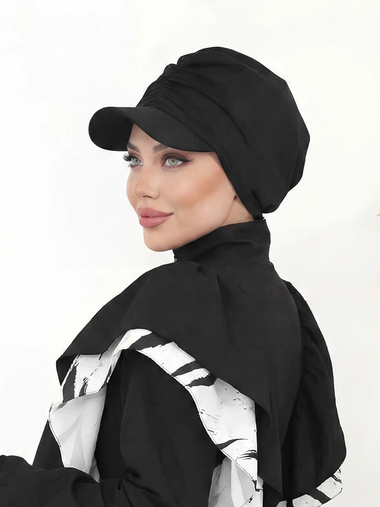 Muslim Women Baseball Cap Hijab Solid Black Turban Hat Islamic Daily Headwear Modest Headscarf for Outdoor Sports Daily Wear