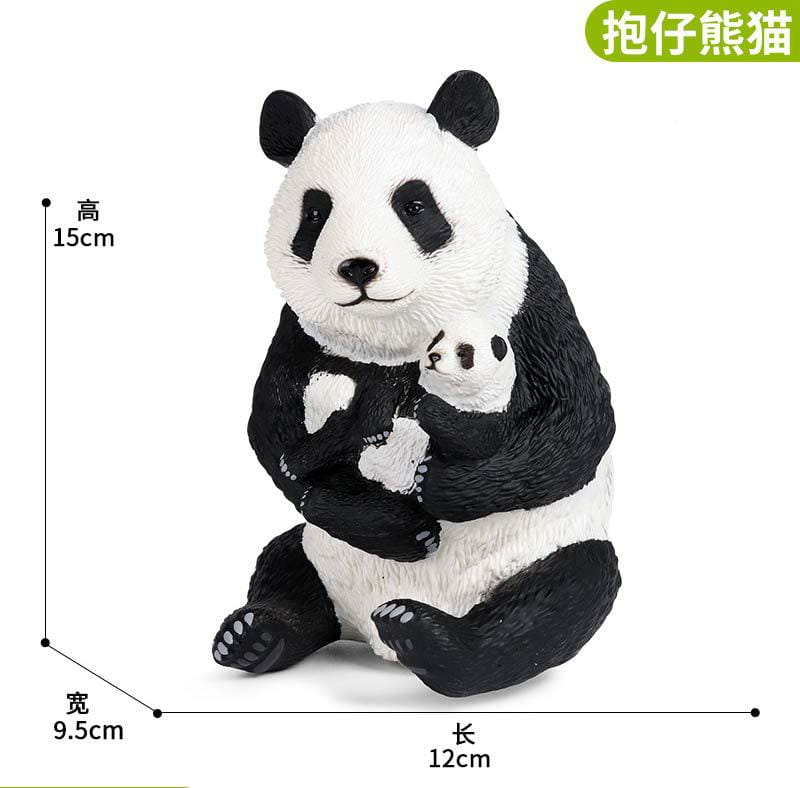Black and white plastic soft animal figurine finished goods featuring a panda hugging a smaller panda labeled as 抱仔熊猫 for decompression use.