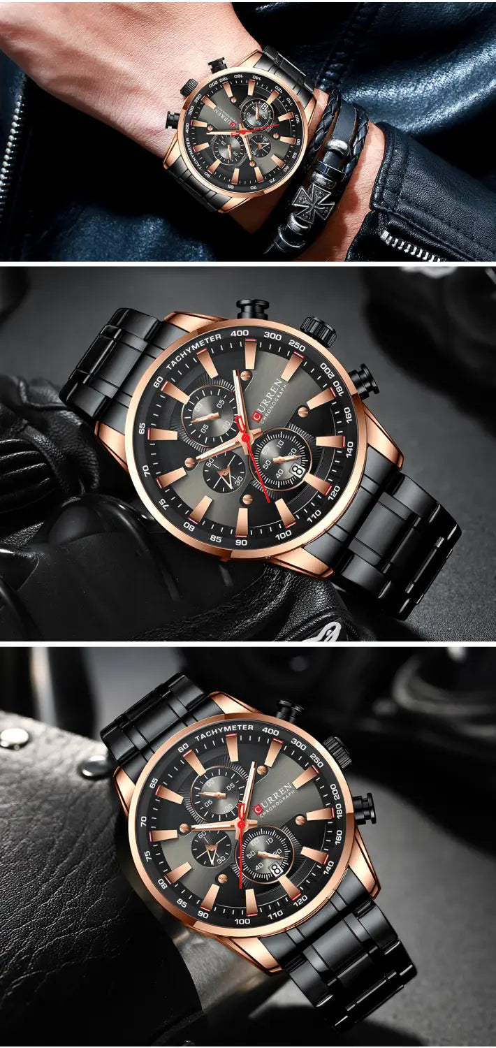 Curren mens chronograph stainless steel watch featuring a black and rose gold dial with a sleek stainless steel bracelet.