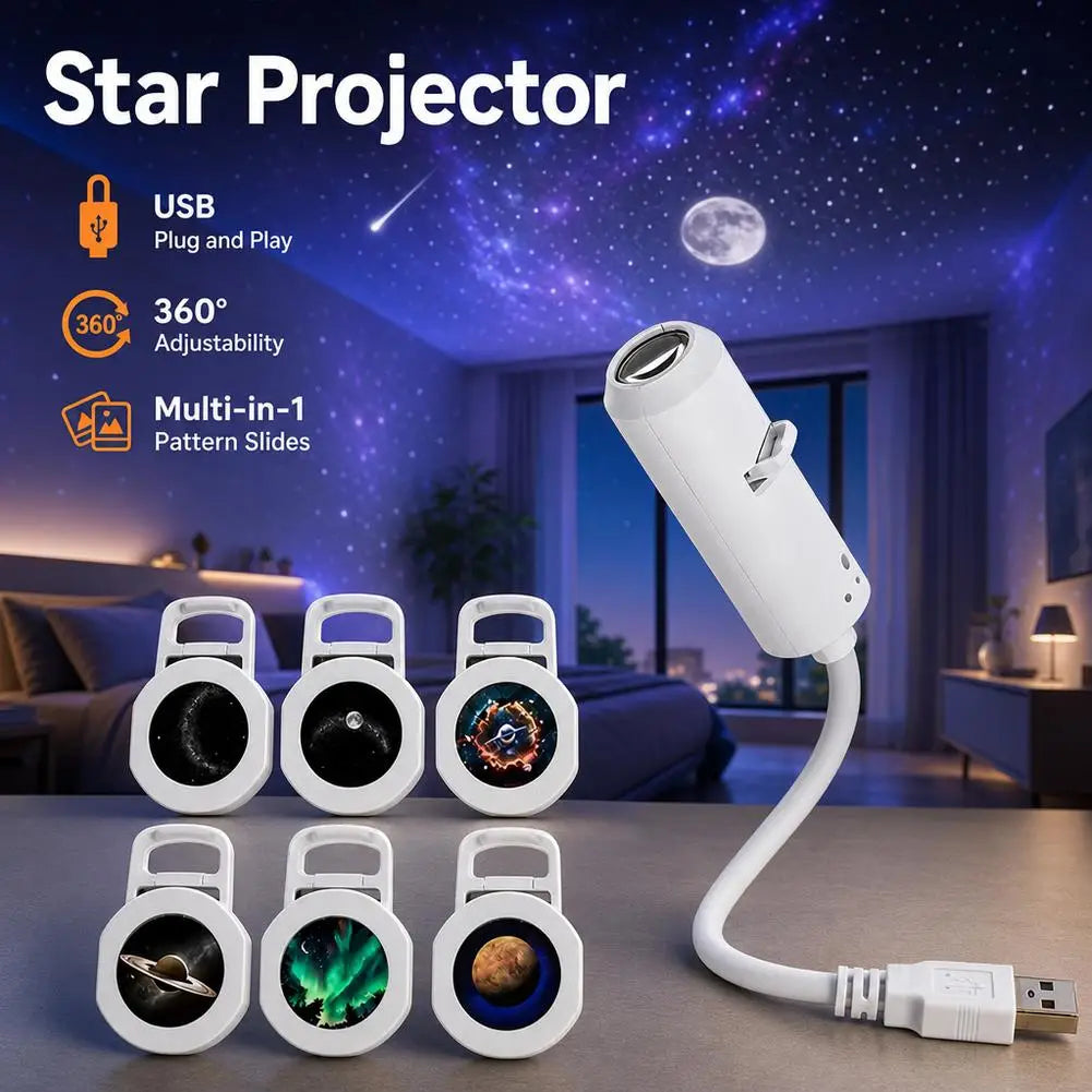 White USB starry night light with flexible neck and adjustable 360-degree head featuring interchangeable film discs for projecting multi-in-1 celestial patterns.