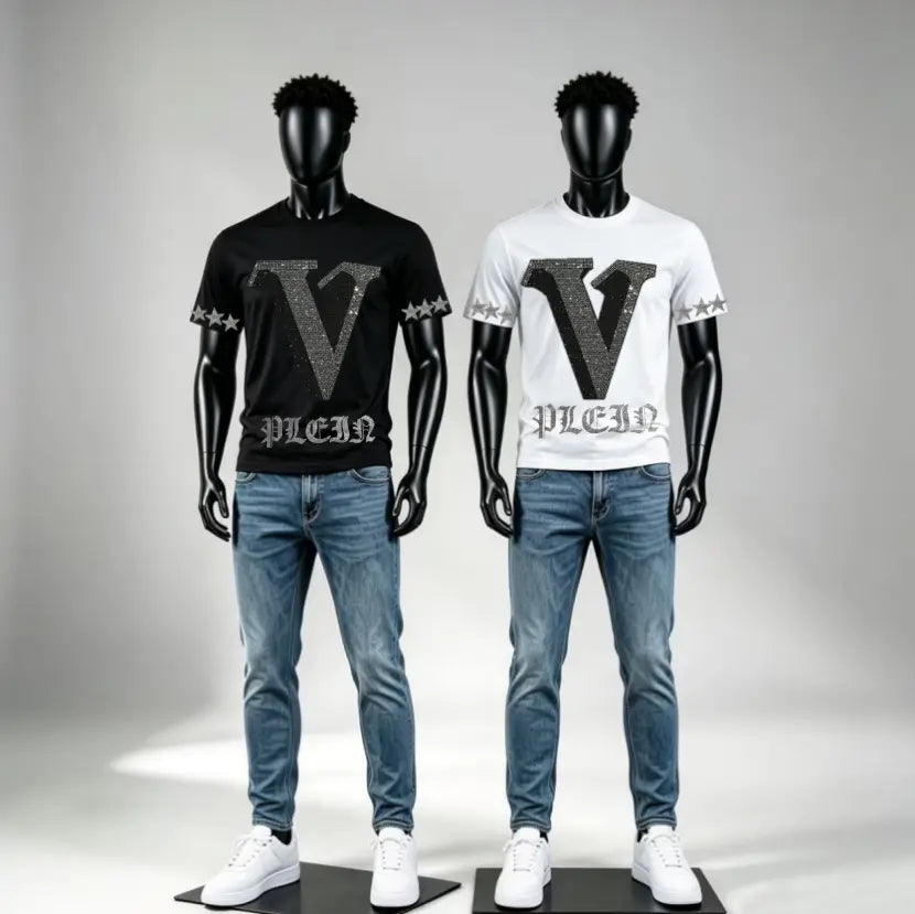 Men rhinestone devil bear graphic tee set in black and white featuring sparkling silver v logo and star embellishments on the sleeves.