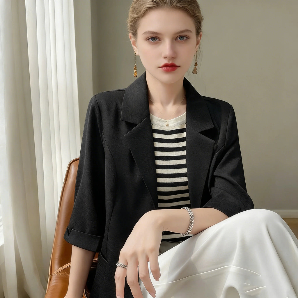 Women White 3/4 Sleeve Blazer Elegant Office Business Suit Jacket Loose Pocket Formal Workwear Ladies Casual O