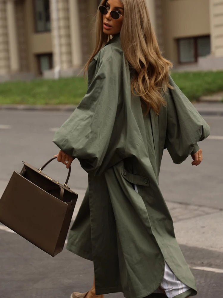 Solid Commute Women's Trench Coat Ovesized Puff Sleeve Single Breasted Long Jacket Lapel Side Slit 2026 New Autumn Lady Outwear