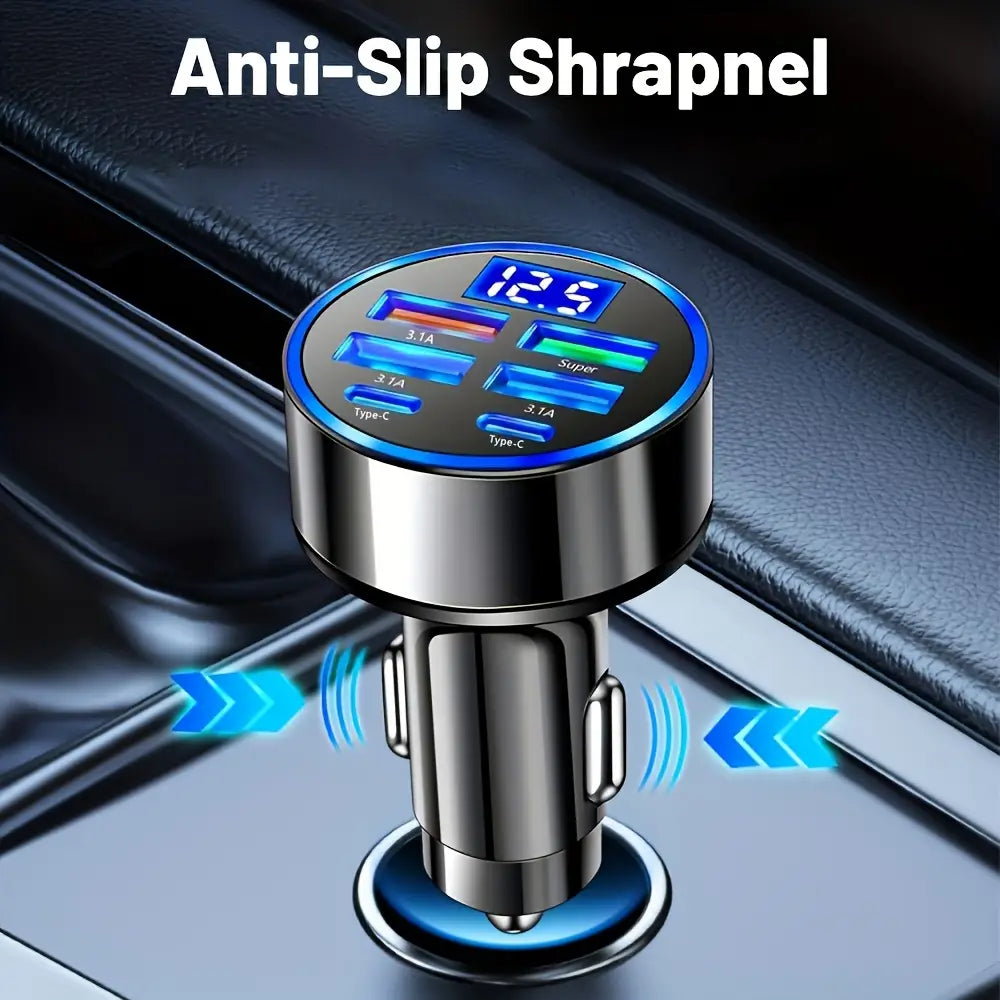 Silver metallic 6-in-1 fast charging car adapter black with multiple USB ports and a digital display for efficient charging.