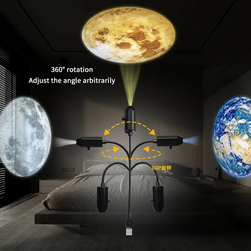 Schwarze verstellbare led-projektionslampe mit flexiblen Armen, die realistische erdprojektion- und deckenmond-nachtlichtmuster erzeugen.