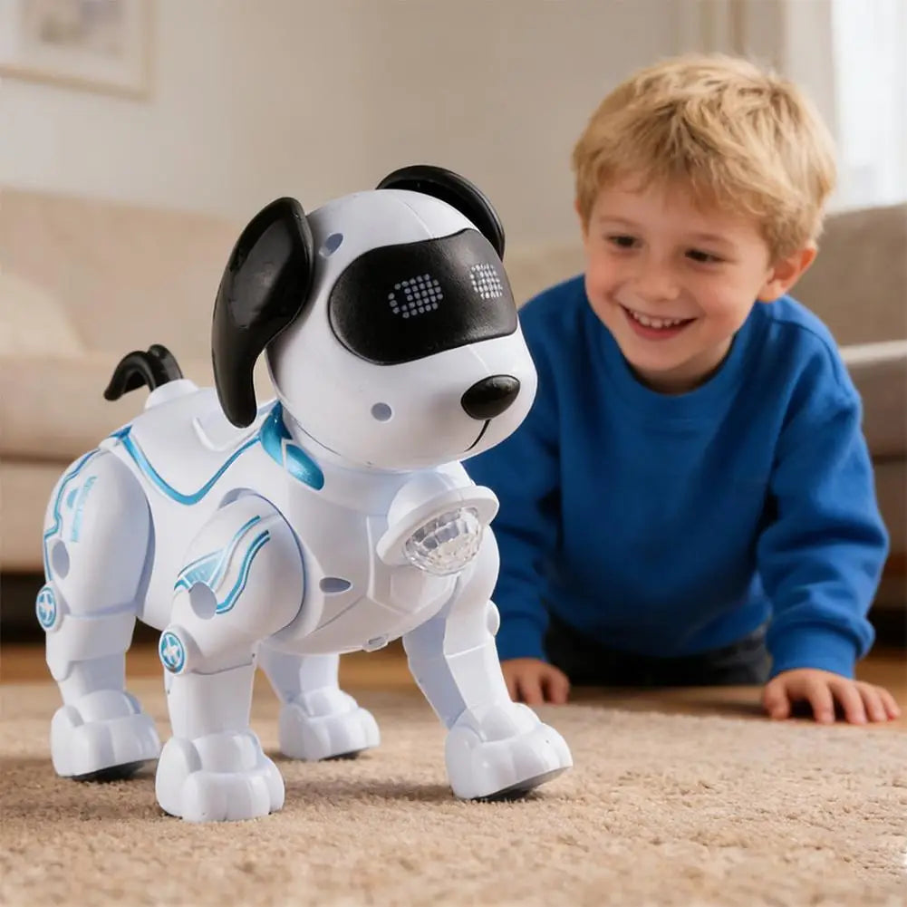 青く発光するアクセントを備えた白と黒のロボット犬のおもちゃで、インテリジェントな音楽ロボット犬のインタラクティブ歩行玩具です。