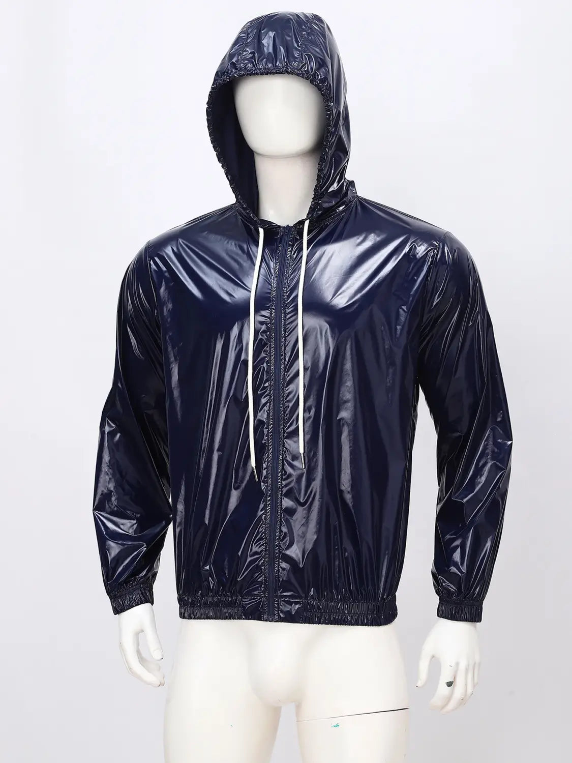 Men waterproof hooded windbreaker jacket in navy blue glossy nylon with white drawstrings and elastic cuffs.