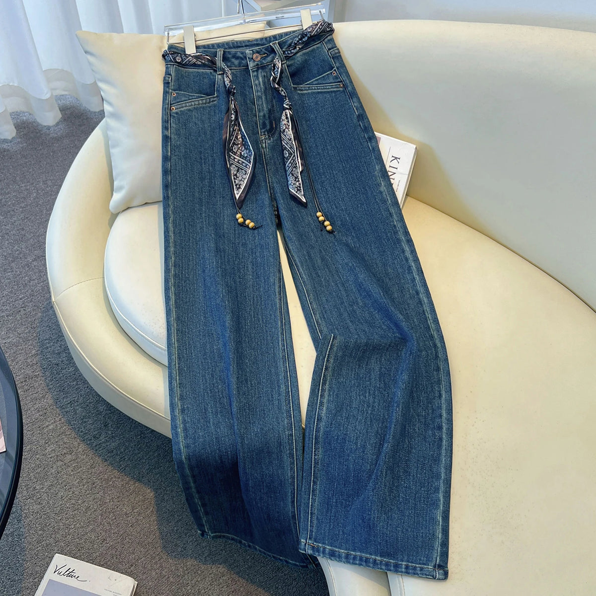 High-End Denim Blue Women's Jeans Straight Leg Wide Leg Pants with Silk Scarf Belt Retro Design Autumn New Style Casual Cotton