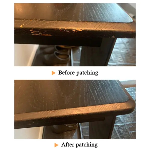 Bord de table en bois foncé présentant des rayures visibles et de la peinture écaillée, réparé de façon homogène et sans couture à l’aide d’un stylo de retouche de peinture pour réparation de meubles en bois, pour une finition lisse.