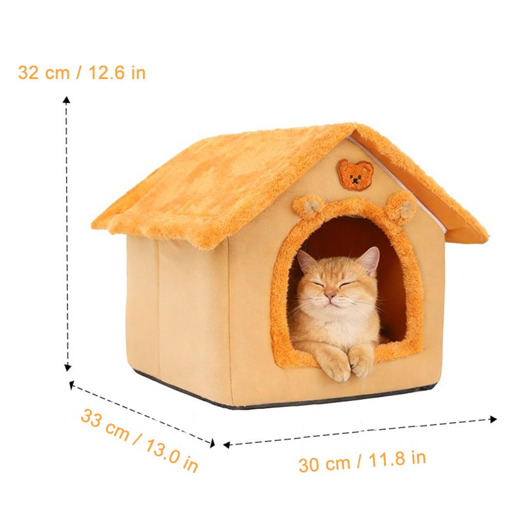 Soft plush warm orange and beige pet bed cat cave with fuzzy roof and bear-themed trim measuring 33x32x30cm