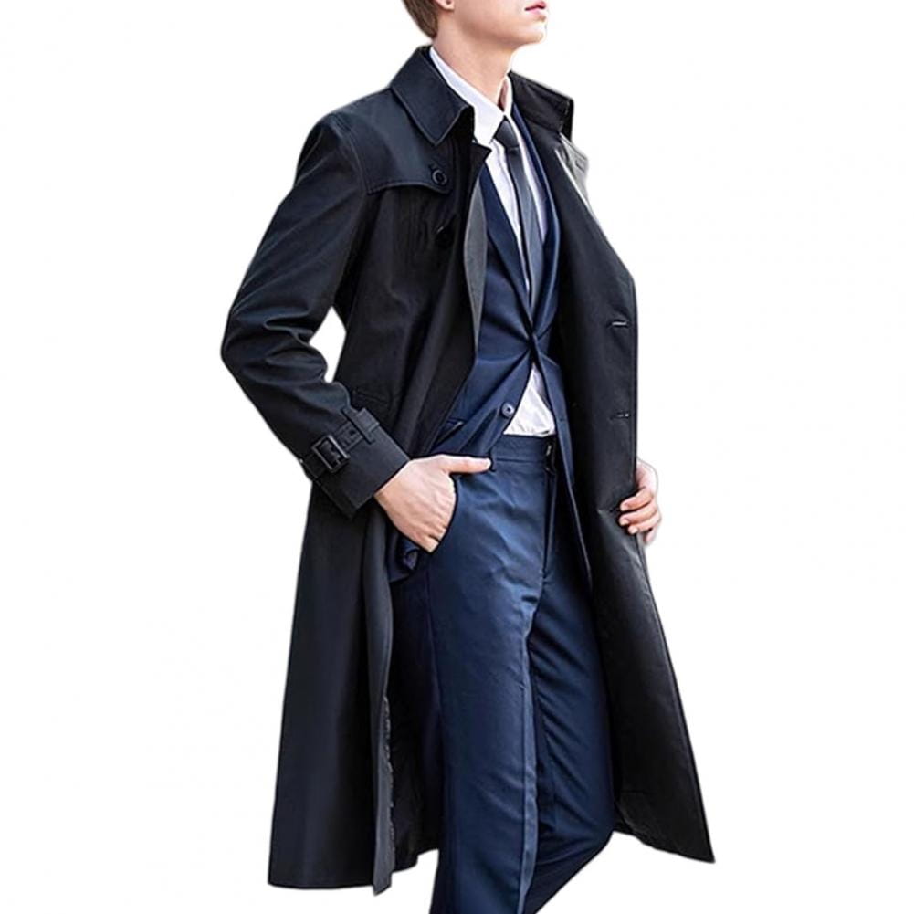 Black trench coat for men windbreaker with classic collar, belted waist, double-breasted front, long sleeve length, and full clothes length.