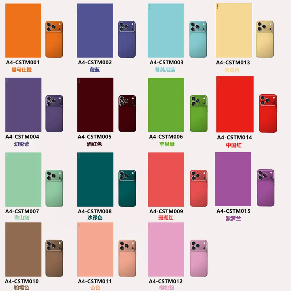 Conjunto de carcasas para teléfono móvil de colores sólidos vibrantes en naranja, morado, turquesa, rojo, verde y rosa, mostrado junto con una máquina de laminación al vacío de película para teléfonos móviles para una protección eficiente y un costo de envío mínimo.