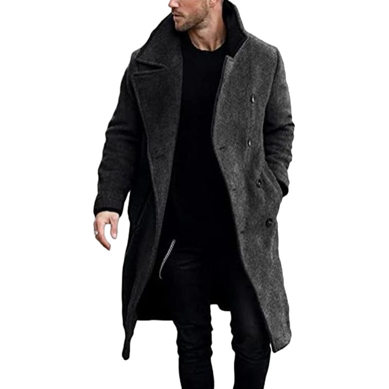 abrigo de invierno de doble botonadura para hombre en mezcla de lana gris oscuro, con tejido texturizado y cuello de borreguillo negro mullido, además de puños a juego.
