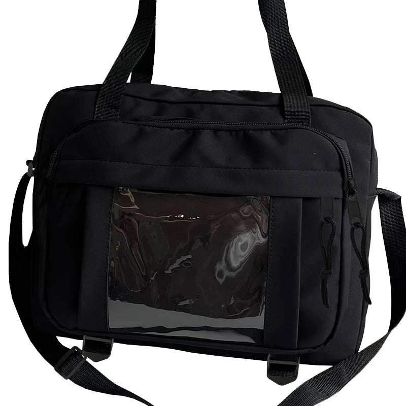Bolsa de mensajero de viaje de lona con panel transparente de nailon negro, con bolsillo frontal transparente y correa de hombro ajustable.